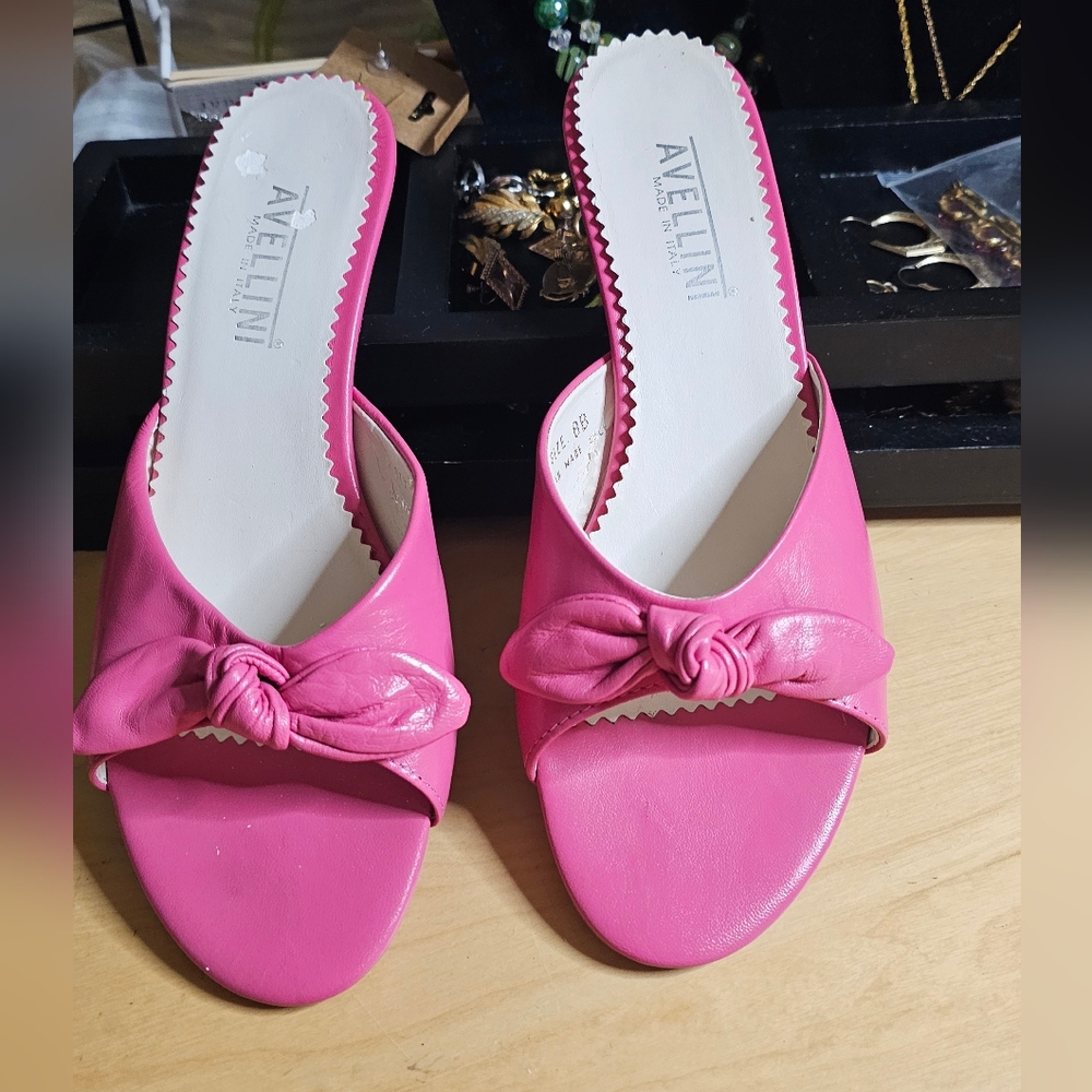 Sz 8 pink leather kitten heel knot slides - made in Italy